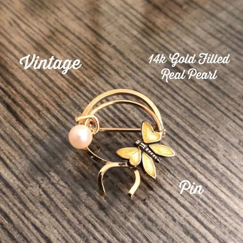 Vintage WELLS 14k Gold Filled Pin Butterfly Pearl